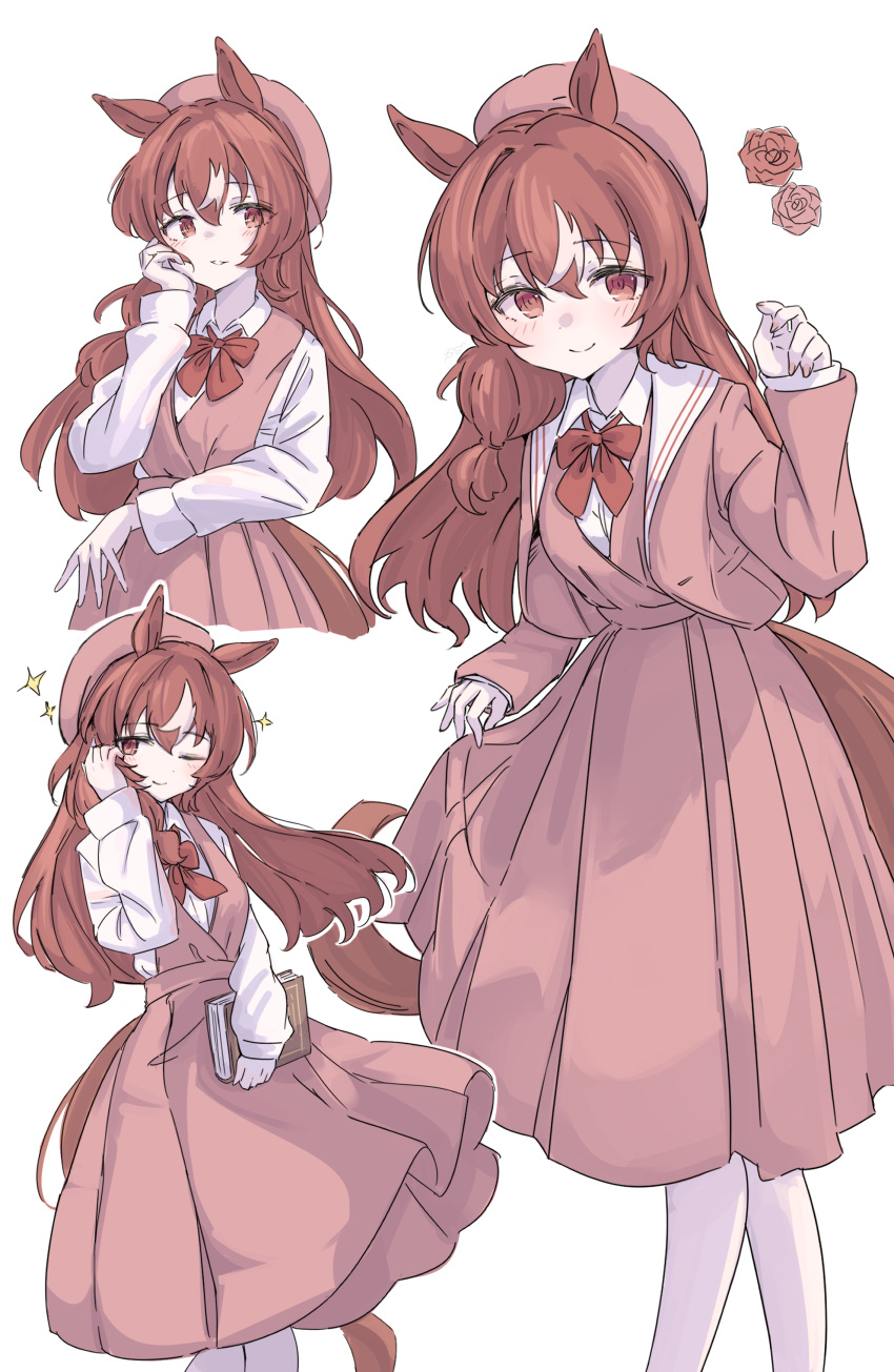 1girl, absurdres, alternate_costume, animal_ears, beret, blush, book, bow