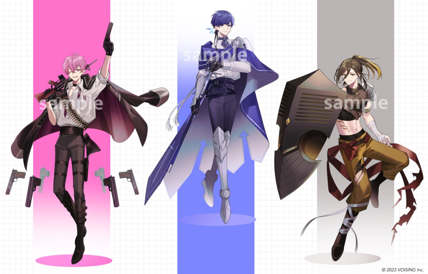 3boys, ;d, ammunition_belt, arm_up, arm_wrap, armor, armored_boots, ascot