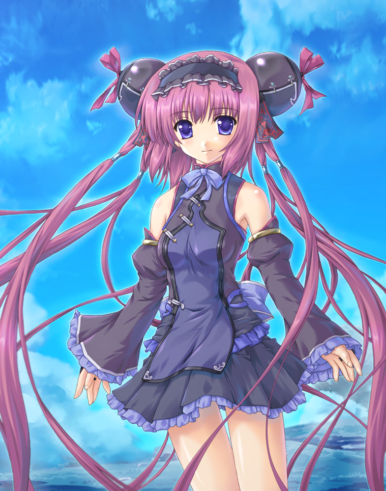 amami-masumasu, blue_eyes, bow, cloud, detached_sleeves, hair_ornament, hairband, long_hair