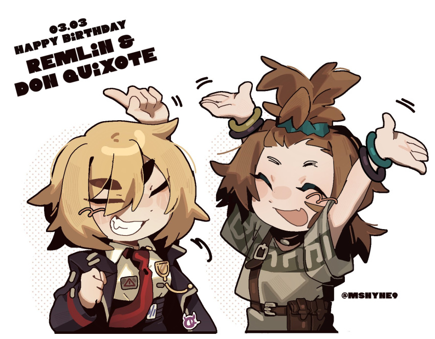 2girls, armlet, badge, baggy_clothes, black_coat, blonde_hair, bob_cut, bracelet