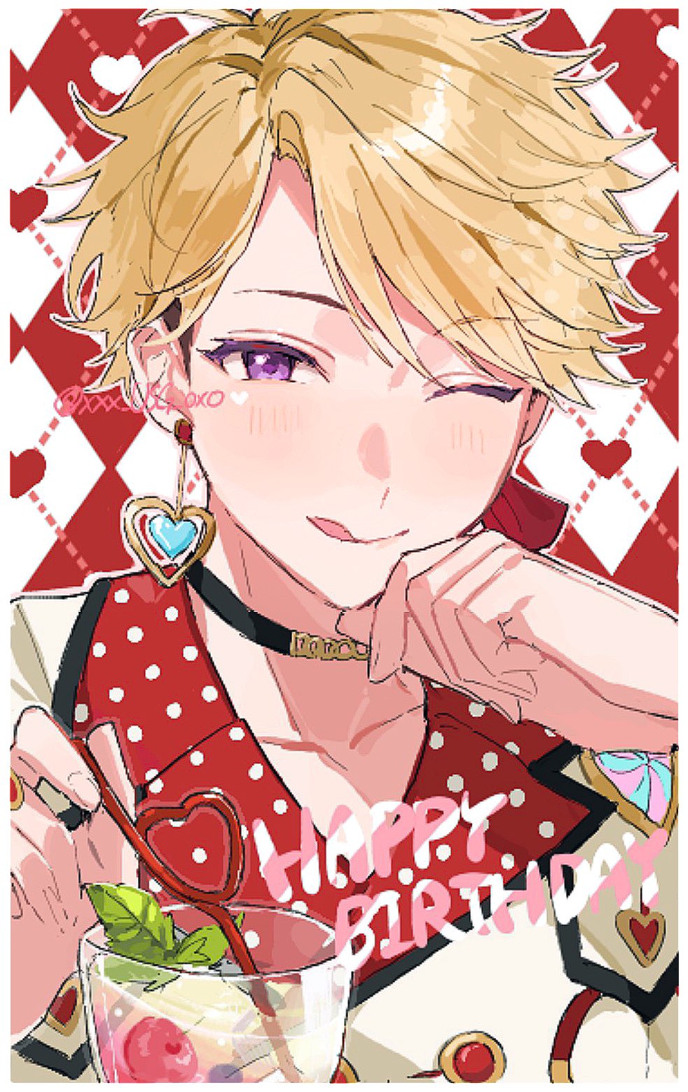 1boy, blonde_hair, choker, commentary_request, drinking_straw, earrings, ensemble_stars!, fingernails, glass, hands_up, happy_birthday, heart, heart_earrings, highres, holding, holding_drinking_straw, jewelry, looking_at_viewer, made_me_(ensemble_stars!), male_focus, narukami_arashi, niu_(xxx_usg_oxo), official_alternate_costume, one_eye_closed, polka_dot, short_hair, smile, solo, tongue, tongue_out, twitter_username, undercut, upper_body, very_short_hair, violet_eyes