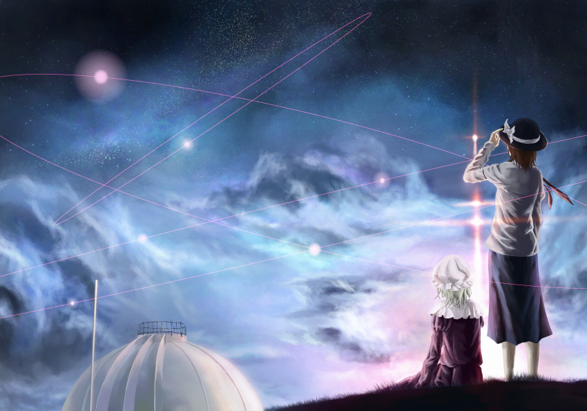 akaikitsune, bad_id, blonde_hair, brown_hair, capelet, cloud, clouds, dress, from_behind, hat, highres, maribel_han, maribel_hearn, multiple_girls, night, night_sky, observatory, observatory_dome, ribbon, scenery, skirt, sky, star_(sky), starry_sky, touhou, usami_renko
