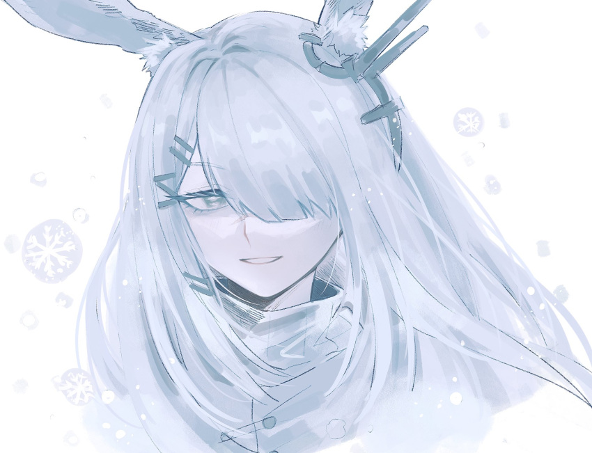 1girl, animal_ear_fluff, animal_ears, arknights, commentary_request, frostnova_(arknights), grey_eyes, grey_hair, hair_ornament, hair_over_one_eye, hairclip, highres, kintama_dekin, long_hair, looking_at_viewer, monochrome, one_eye_covered, rabbit_ears, rabbit_girl, scar, scar_on_face, scar_on_nose, simple_background, smile, snowflakes, solo, upper_body, white_background