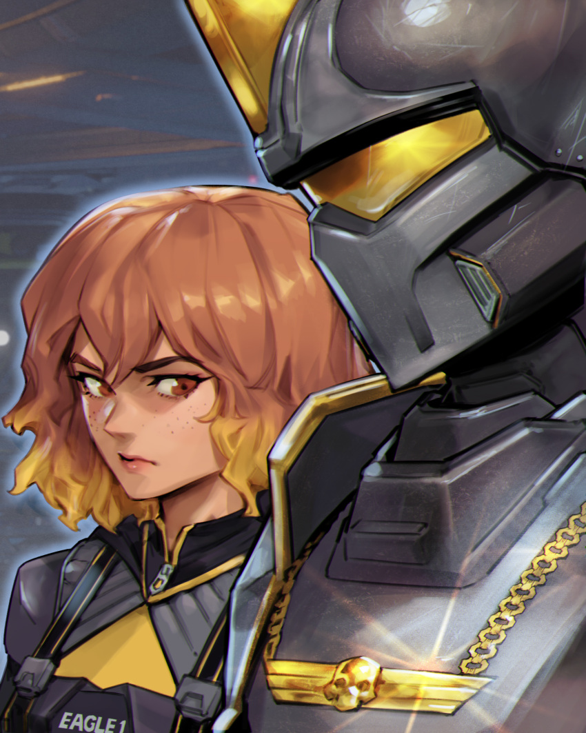 1girl, 1other, absurdres, armor, blonde_hair, brown_eyes, bulletproof_vest, collar