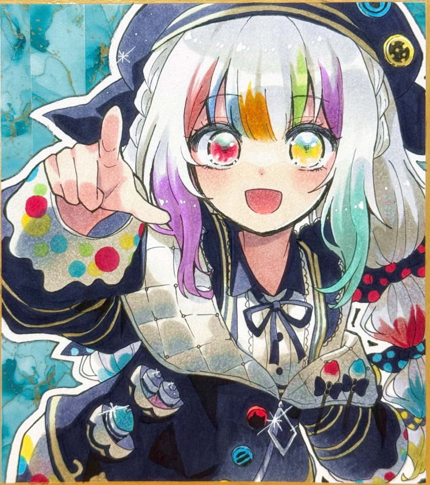 1girl, :d, beret, black_jacket, black_ribbon, bow, collared_shirt, commentary_request