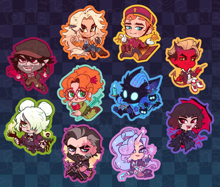 4boys, 5girls, apollo_(deadlock), beard, bellhop_uniform, black_dress, black_hair, blonde_hair