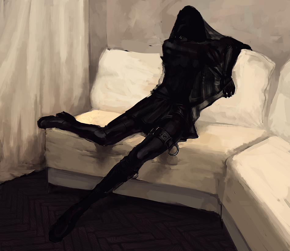 1other, ambiguous_gender, belt, black_boots, black_gloves, black_veil, boots, couch