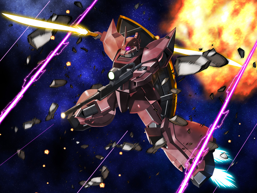 absurdres, beam_naginata, beam_rifle, commentary_request, debris, energy_beam, energy_gun, explosion