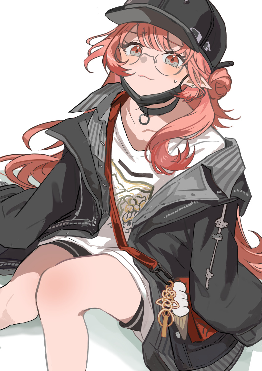 1girl, absurdres, arknights, baseball_cap, black_choker, black_hat, black_jacket, black_shorts