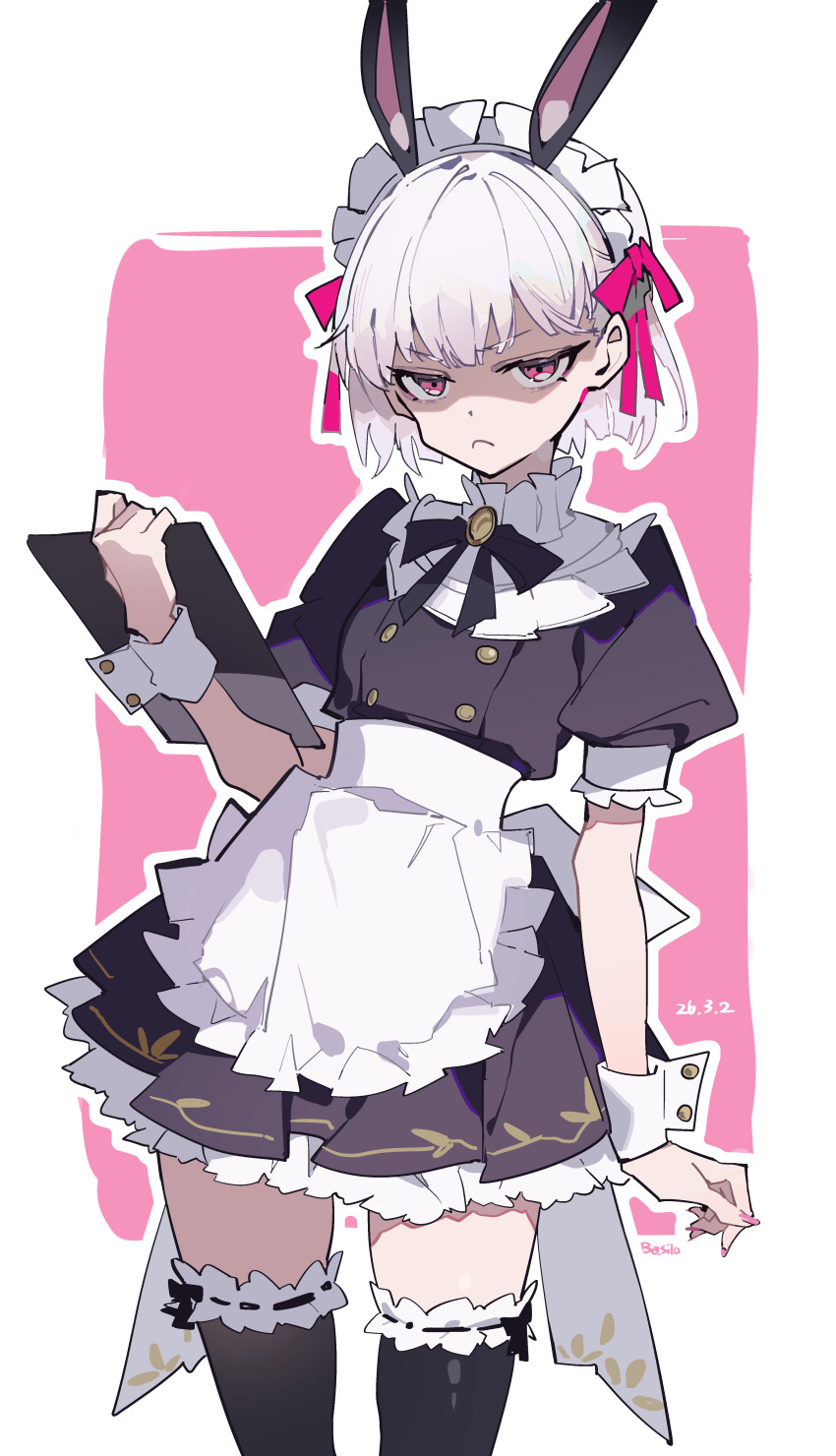 1girl, absurdres, animal_ears, apron, black_dress, black_thighhighs, breasts, brooch