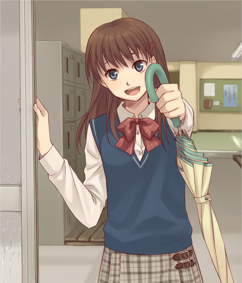 bow, brown_hair, hair_ornament, hairclip, kannuki_hisui, lockers, long_hair, one_-_kagayaku_kisetsu_e