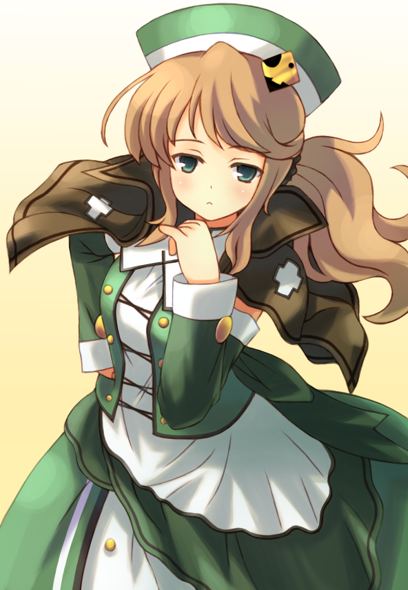 :<, brown_capelet, brown_hair, capelet, commentary_request, cowboy_shot, cross, dress