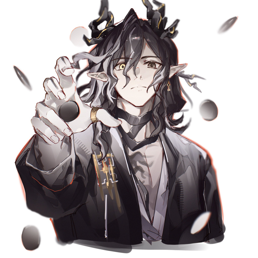 1boy, arknights, bandaged_neck, bandages, black_bandages, black_eyes, black_hair, board_game