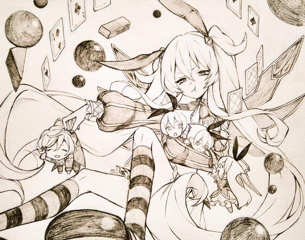 1boy, 4girls, alice_(grimms_notes), alice_(original)_(grimms_notes), bubble_skirt, card, chaos_alice_(grimms_notes), chaos_alice_(original)_(grimms_notes)