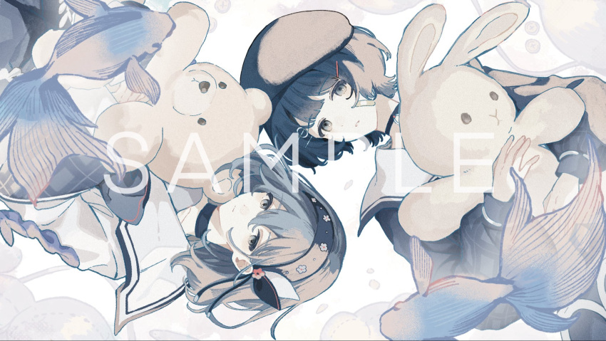 2girls, bandaid, bandaid_on_face, blue_eyes, blue_hair, ciel_(kamitsubaki_studio), hair_ornament, highres
