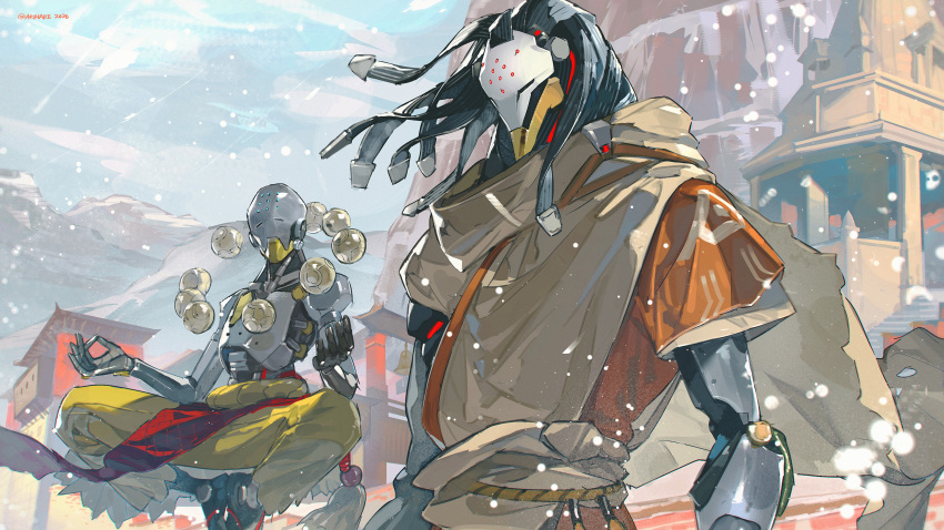 2boys, akihare, cable_hair, clothed_robot, commentary_request, floating, highres, humanoid_robot, levitation, long_hair, male_focus, meditation, monk, multiple_boys, nepal, official_alternate_costume, omnic, orb, overwatch, ramattra_(overwatch), robot, snowing, standing, zenyatta_(overwatch)