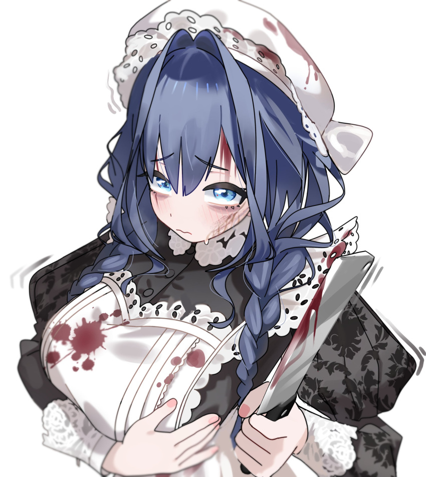 1girl, apron, black_dress, blood, blood_on_clothes, blood_on_face, blue_eyes, blue_hair