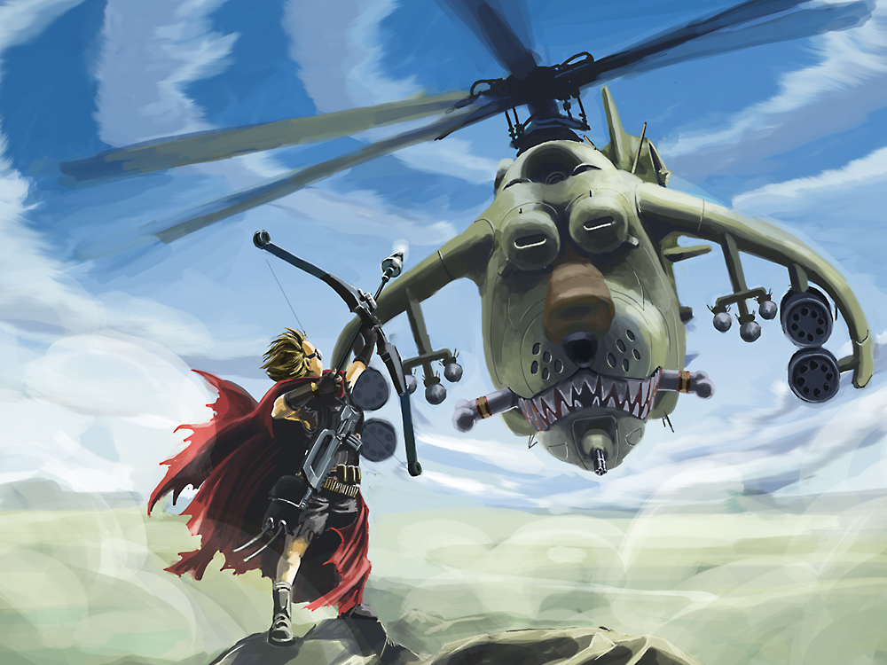 blonde_hair, bow_(weapon), bullpup, cloak, cloud, epic, famas, gun, helicopter, kuroneko_(blacky_cat), metal_max, mi-24, parody, rambo, rifle, sky, weapon