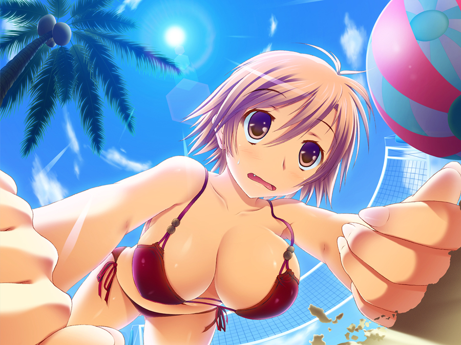 beach_volleyball, beachball, bikini, blush, bouncing_breasts, breasts, brown_eyes, brown_hair