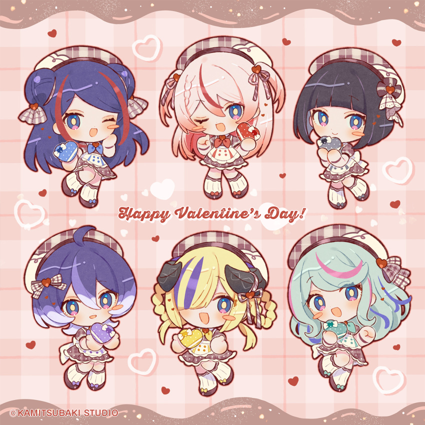 6+girls, ahoge, black_hair, blue_eyes, blue_hair, chibi, closed_mouth, dress
