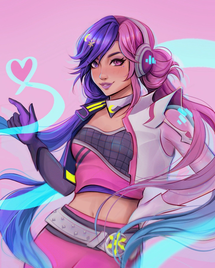 1girl, asymmetrical_gloves, blue_hair, commentary, crescent, double_bun, english_commentary, floating_hair