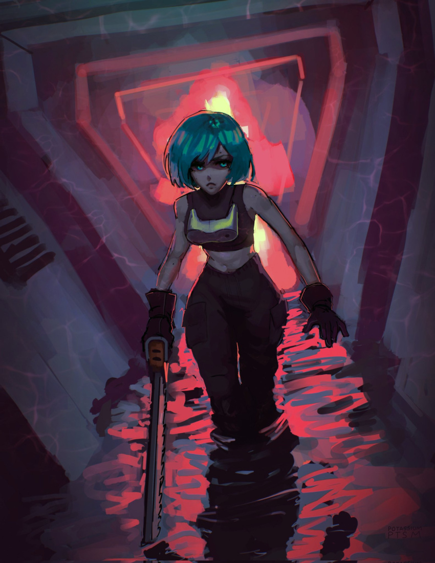 1girl, aqua_eyes, aqua_hair, artist_name, backlighting, bare_arms, cargo_pants, chainsword
