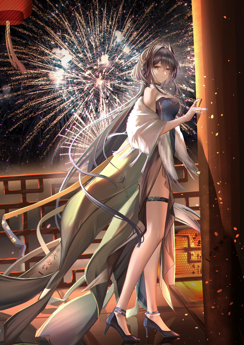 1girl, absurdres, architecture, arknights, artist_name, bare_legs, bare_shoulders, blue_nails