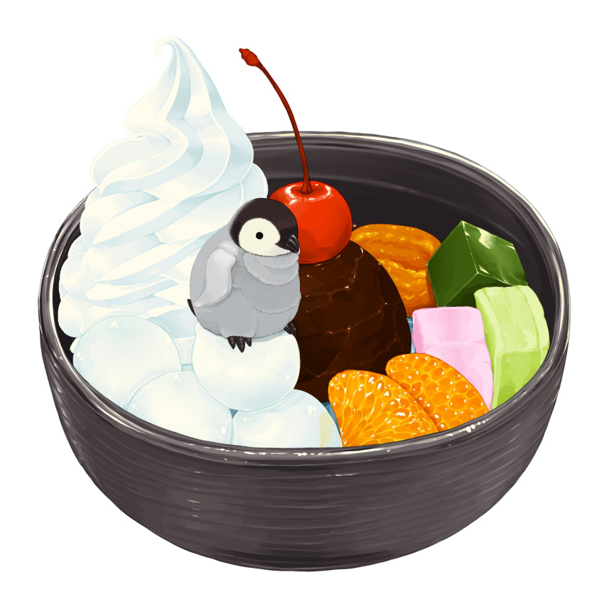 absurdres, animal, baby_animal, bird, bowl, cherry, commentary_request, dango