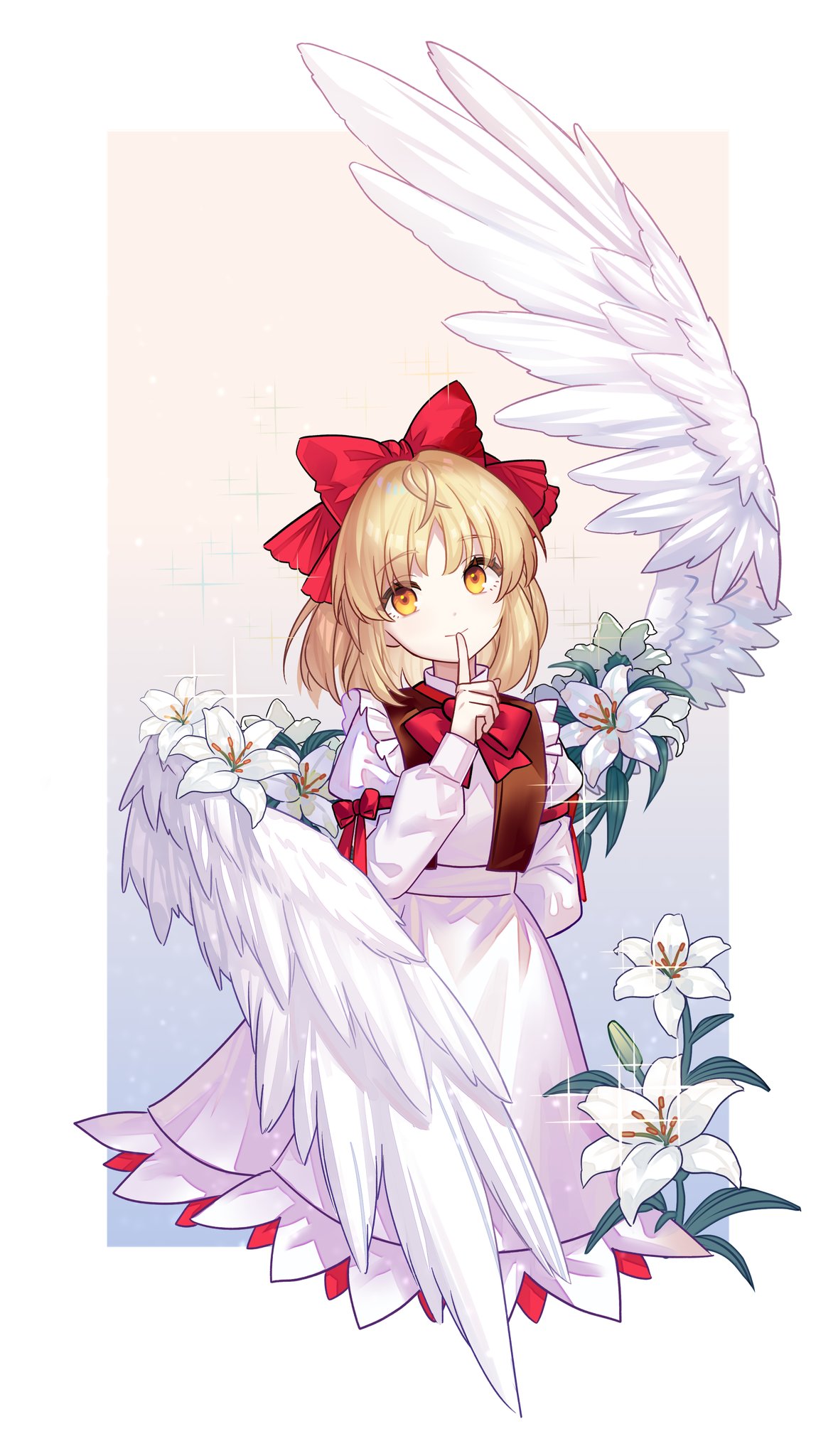 1girl, angel_wings, arm_behind_back, blonde_hair, bow, bowtie, brown_vest, closed_mouth