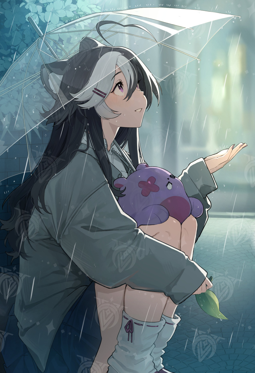 1girl, absurdres, ahoge, animal_ears, black_hair, blue_skirt, blush, bush