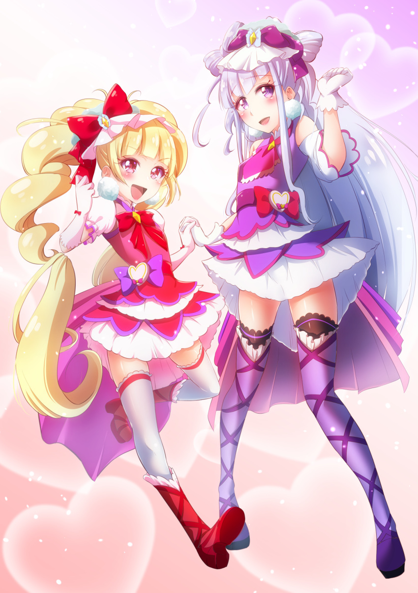2girls, :d, aisaki_emiru, black_thighhighs, blonde_hair, bow, commentary_request, cone_hair_bun, cure_amour, cure_macherie, double_bun, earrings, full_body, fuyuzora, gloves, hair_bow, hair_bun, highres, hugtto!_precure, jewelry, looking_at_viewer, magical_girl, multiple_girls, open_mouth, pom_pom_(clothes), pom_pom_earrings, precure, purple_hair, purple_shoes, red_eyes, red_shoes, ruru_amour, shoes, smile, thigh-highs, violet_eyes, white_gloves, white_thighhighs