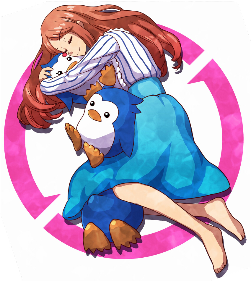 bird, feet, hug, kitaron, long_hair, long_skirt, mawaru_penguindrum, penguin, penguin_1-gou, penguin_2-gou, penguin_3-gou, red_hair, redhead, shirt, simple_background, skirt, sleeping, striped, takakura_himari