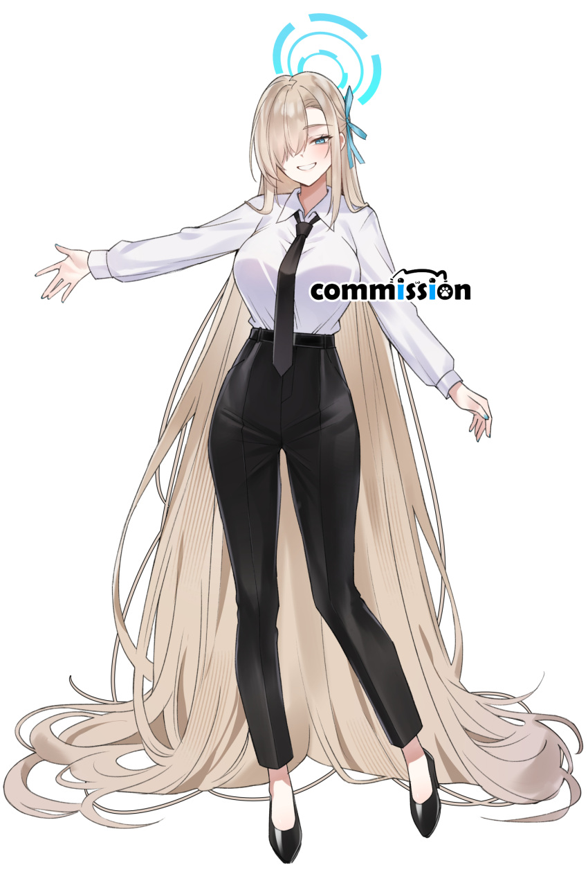 1girl, absurdly_long_hair, alternate_costume, asuna_(blue_archive), black_necktie, black_pants, black_shoes, blonde_hair