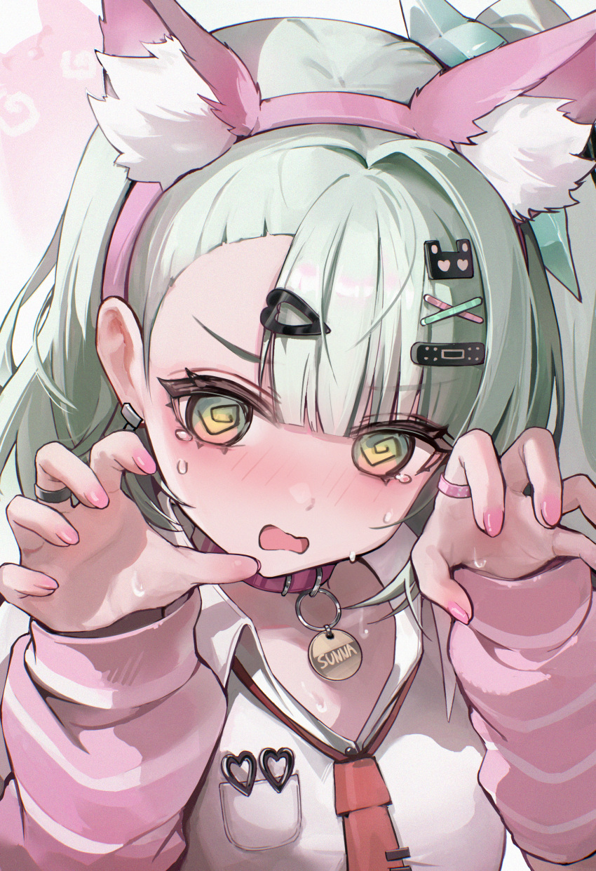 1girl, @_@, absurdres, animal_ear_fluff, animal_ear_hairband, animal_ears, arm_warmers, blush