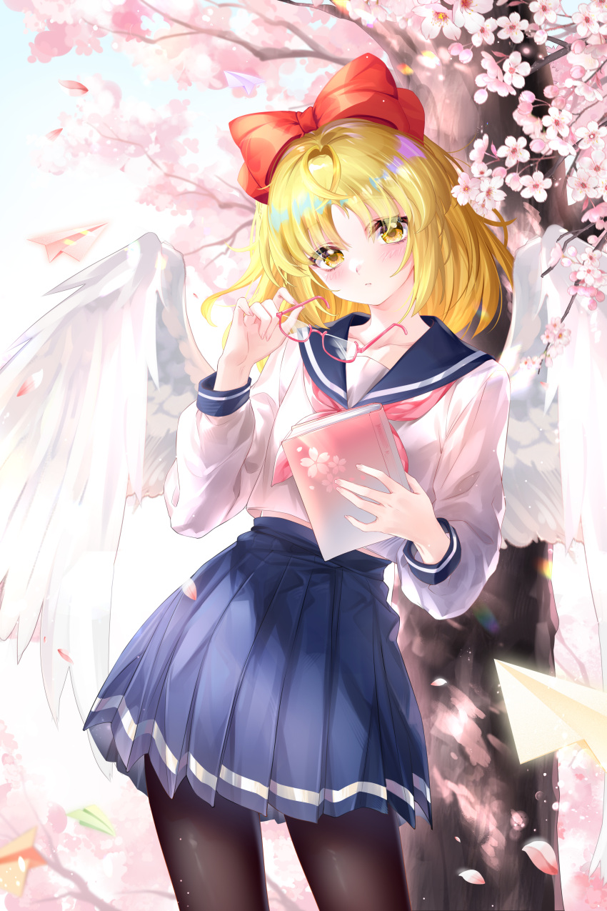 1girl, absurdres, alternate_costume, angel_wings, blonde_hair, blue_sailor_collar, blue_skirt, blush