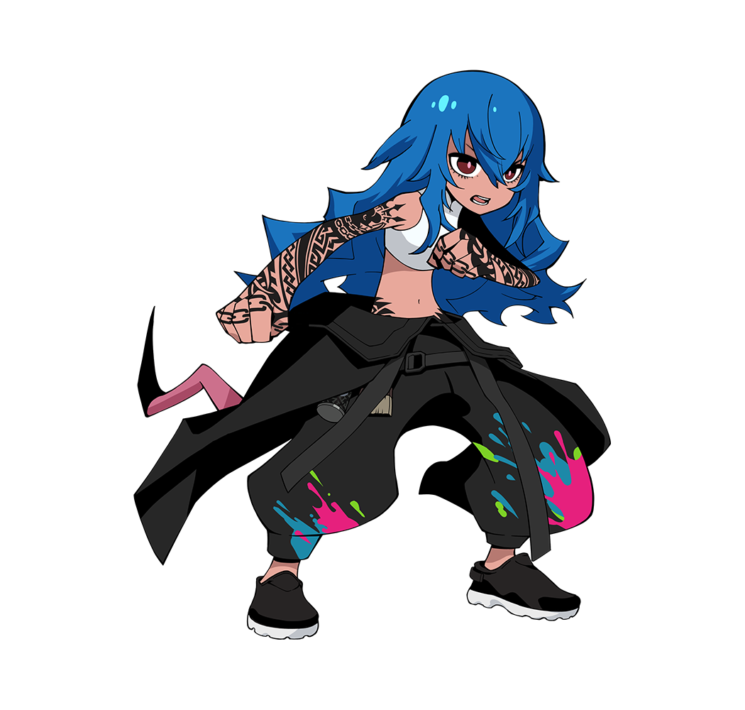 1girl, arm_tattoo, baggy_pants, bare_shoulders, belt, black_belt, black_jacket, black_pants