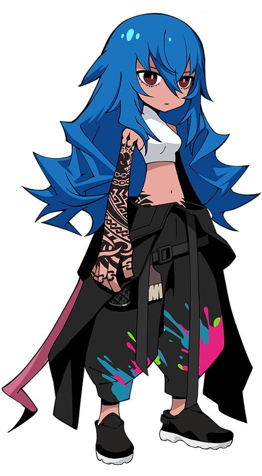 1girl, arm_tattoo, baggy_pants, bare_shoulders, belt, black_belt, black_jacket, black_pants
