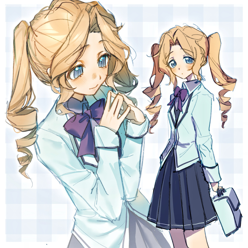 1girl, bag, black_skirt, black_vest, blazer, blonde_hair, blue_background, blue_eyes, blue_jacket, blush, bow, bowtie, closed_mouth, commentary_request, curly_hair, curtained_hair, expressionless, genderswap, genderswap_(mtf), grey_shirt, highres, holding, holding_bag, jacket, keith_claes, long_hair, looking_ahead, looking_at_viewer, middle_part, miniskirt, multiple_views, otome_game_no_hametsu_flag_shika_nai_akuyaku_reijou_ni_tensei_shite_shimatta, plaid_background, pleated_skirt, purple_bow, purple_bowtie, raised_inner_eyebrows, school_bag, school_uniform, shirt, sidelocks, simplified_chinese_commentary, skirt, smile, steepled_fingers, tareme, twintails, vest, wing_collar, wushui_zhan_nao_geng