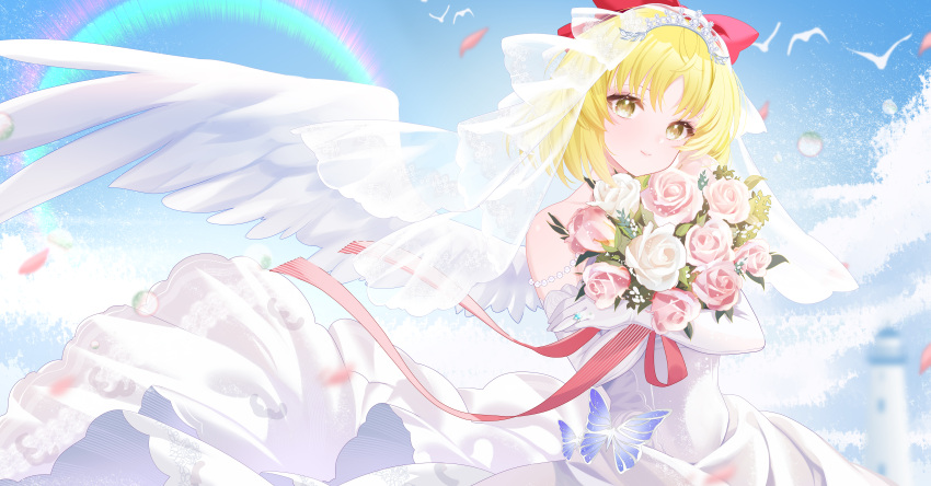 1girl, absurdres, alternate_costume, bird, blonde_hair, blue_butterfly, blurry, blurry_background