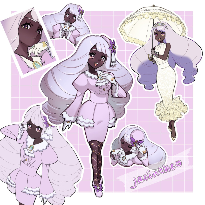 1girl, character_name, closed_eyes, closed_mouth, dark-skinned_female, dark_skin, dress, fascinator