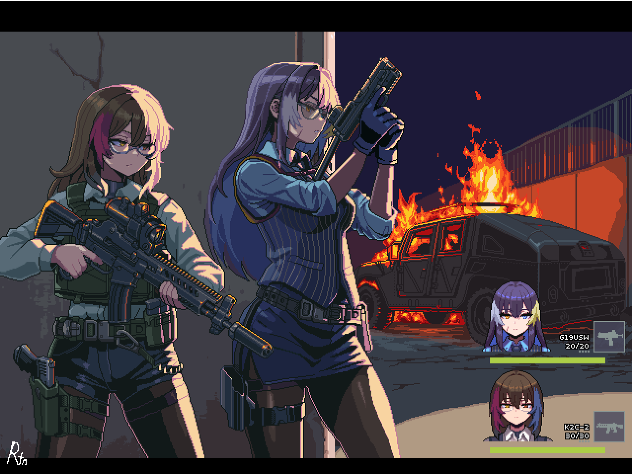 2girls, against_wall, alina_svard_kovalenko_(laotianaviator), assault_rifle, backlighting, belt, blue_eyes, blue_shirt