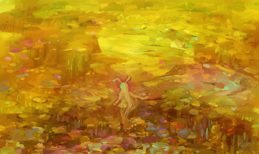animal_ears, back, bunny_ears, faux_traditional_media, from_behind, long_hair, miniskirt, orange_(color)