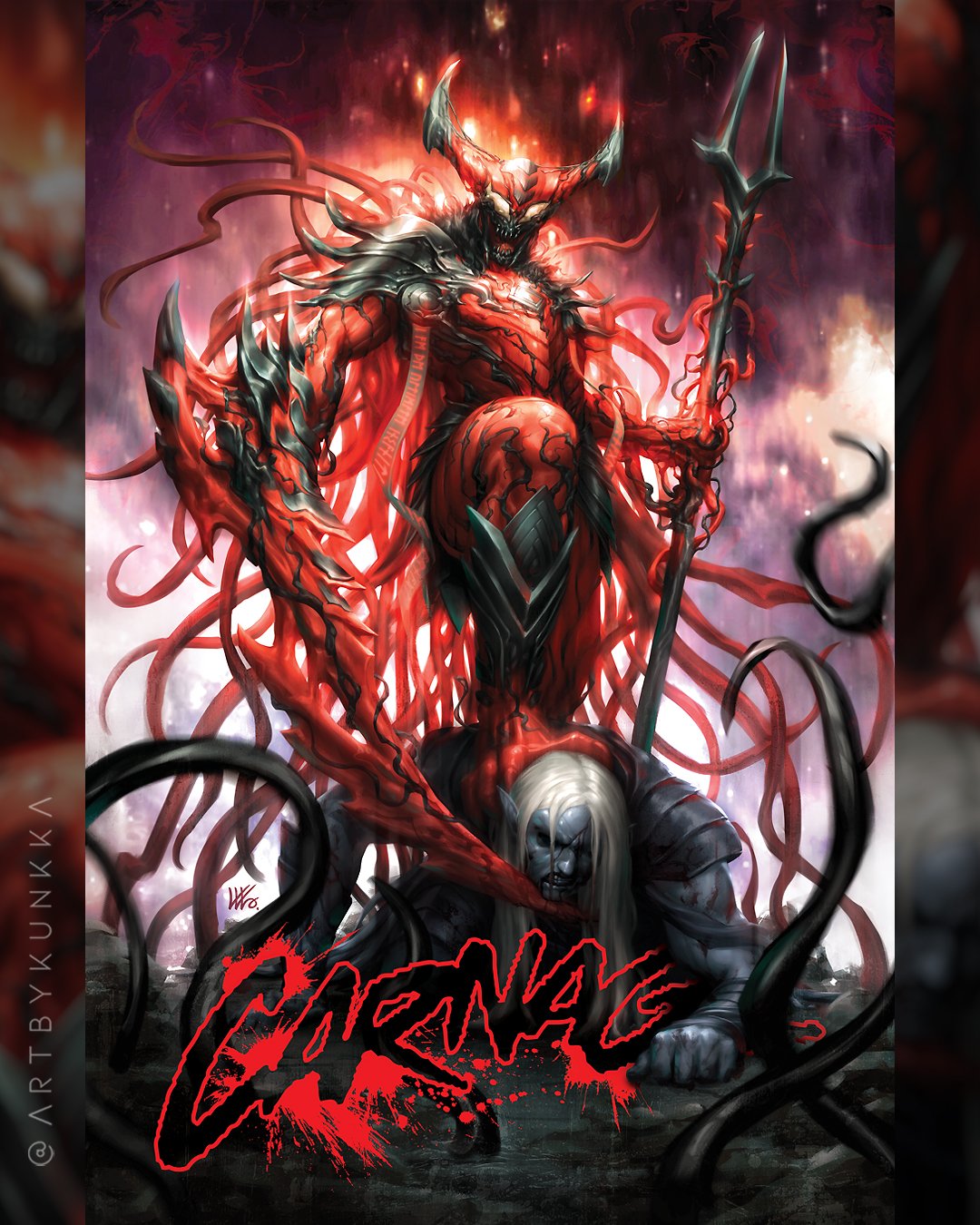 2boys, armor, black_armor, blood, blood_on_face, carnage_(marvel), character_name, colored_skin