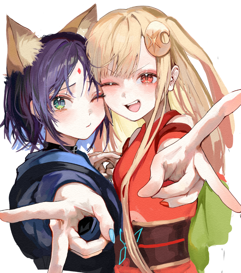 2girls, animal_ears, black_choker, blonde_hair, blue_hair, blue_kimono, cheek-to-cheek, cho_kaguya-hime!