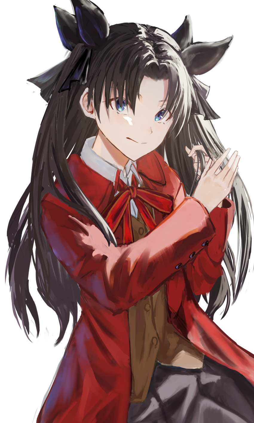 1girl, absurdres, black_hair, blue_eyes, cokei, collared_shirt, commentary, fate/stay_night, fate_(series), hair_ornament, highres, long_hair, long_sleeves, looking_at_viewer, shirt, simple_background, solo, tohsaka_rin, twintails