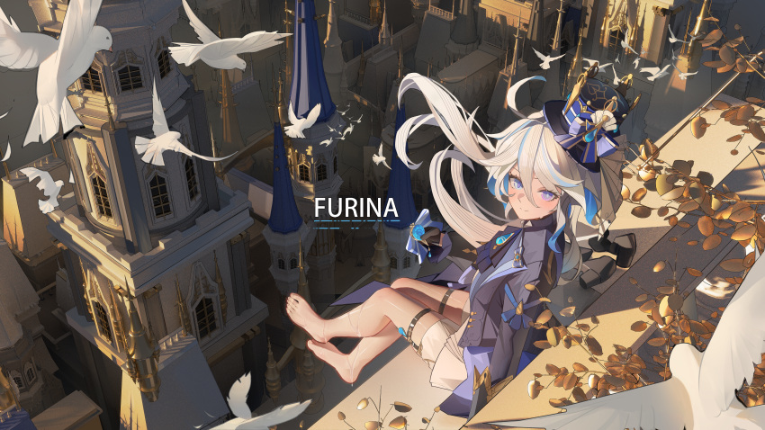 1girl, absurdres, barefoot, bird, black_hat, black_shirt, blue_eyes, blue_jacket