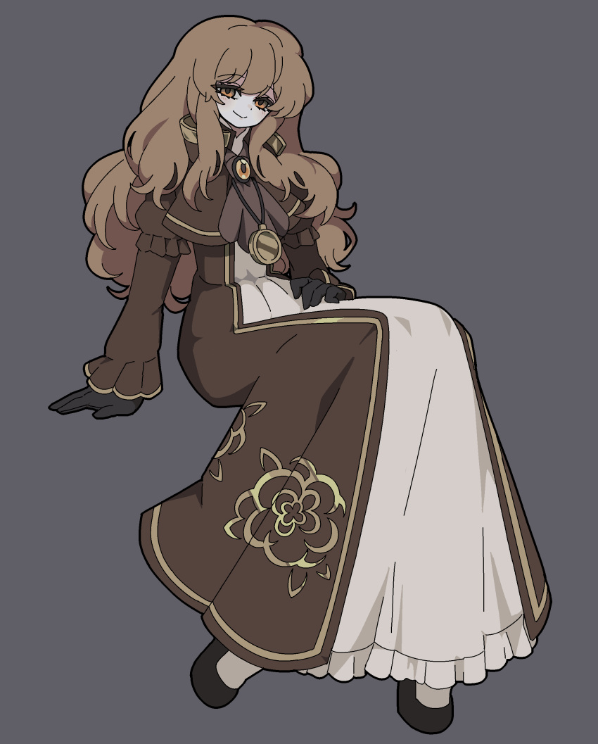 1girl, absurdres, arm_support, ascot, big_hair, black_gloves, black_shoes, brown_ascot