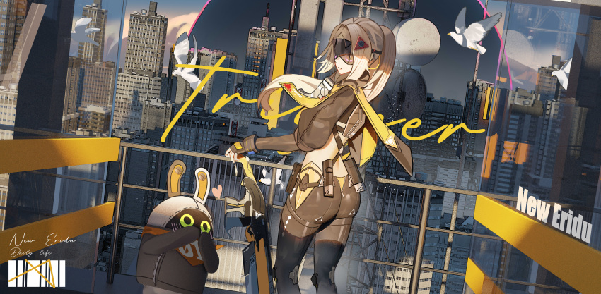 1girl, 1other, absurdres, assault_rifle, bangboo_(zenless_zone_zero), black_gloves, black_shirt, blonde_hair