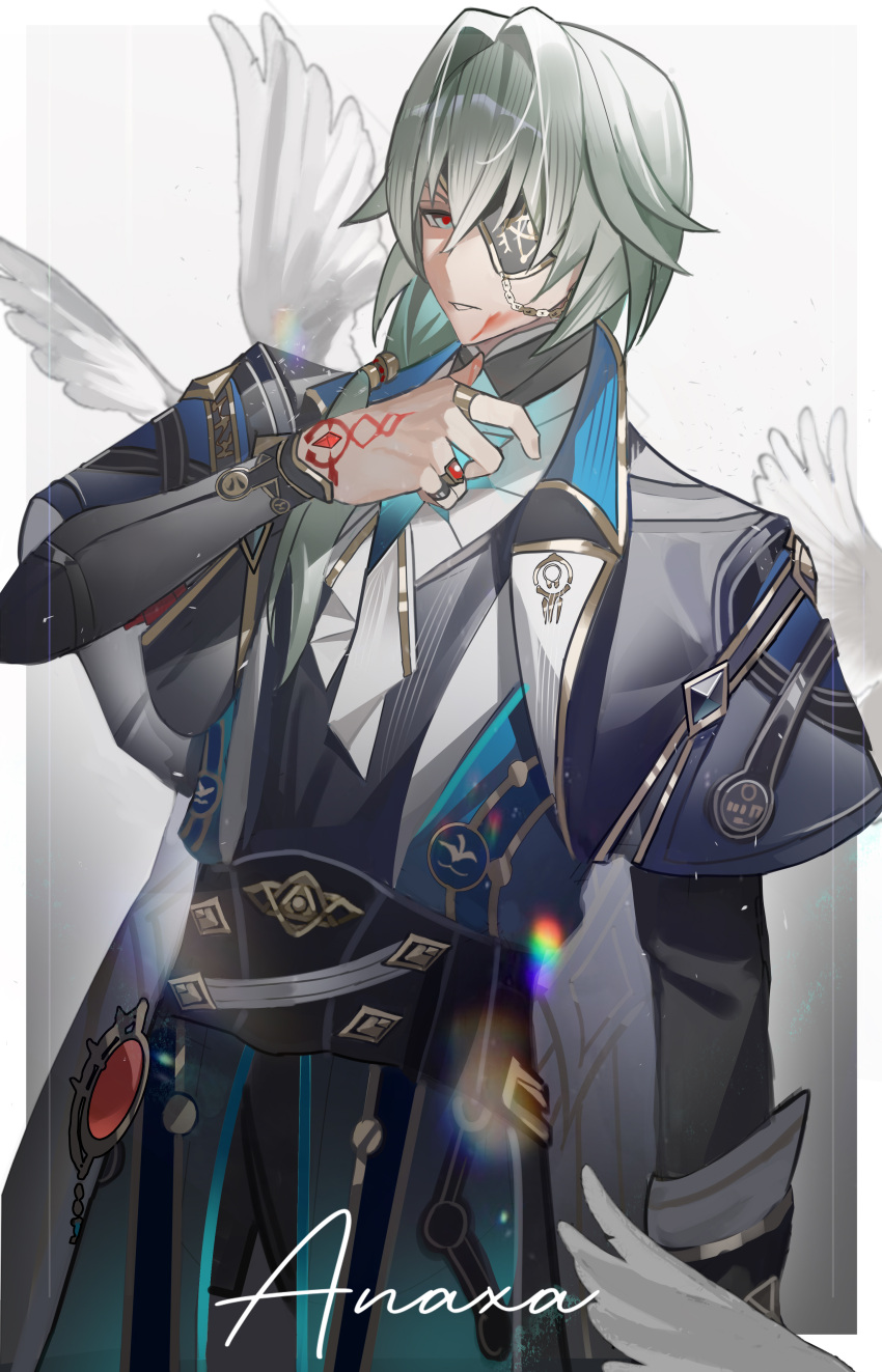 1boy, absurdres, anaxa_(honkai:_star_rail), black_jacket, black_pants, black_shirt, character_name, closed_mouth, commentary_request, eyepatch, green_hair, highres, honkai:_star_rail, honkai_(series), jacket, jewelry, looking_at_viewer, medium_hair, pants, ring, shirt, solo, xiaojuan_(user_ezvt7287)