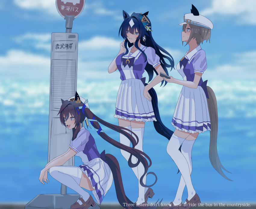 3girls, absurdres, animal_ears, beret, blue_eyes, blue_hair, blue_ribbon, blush